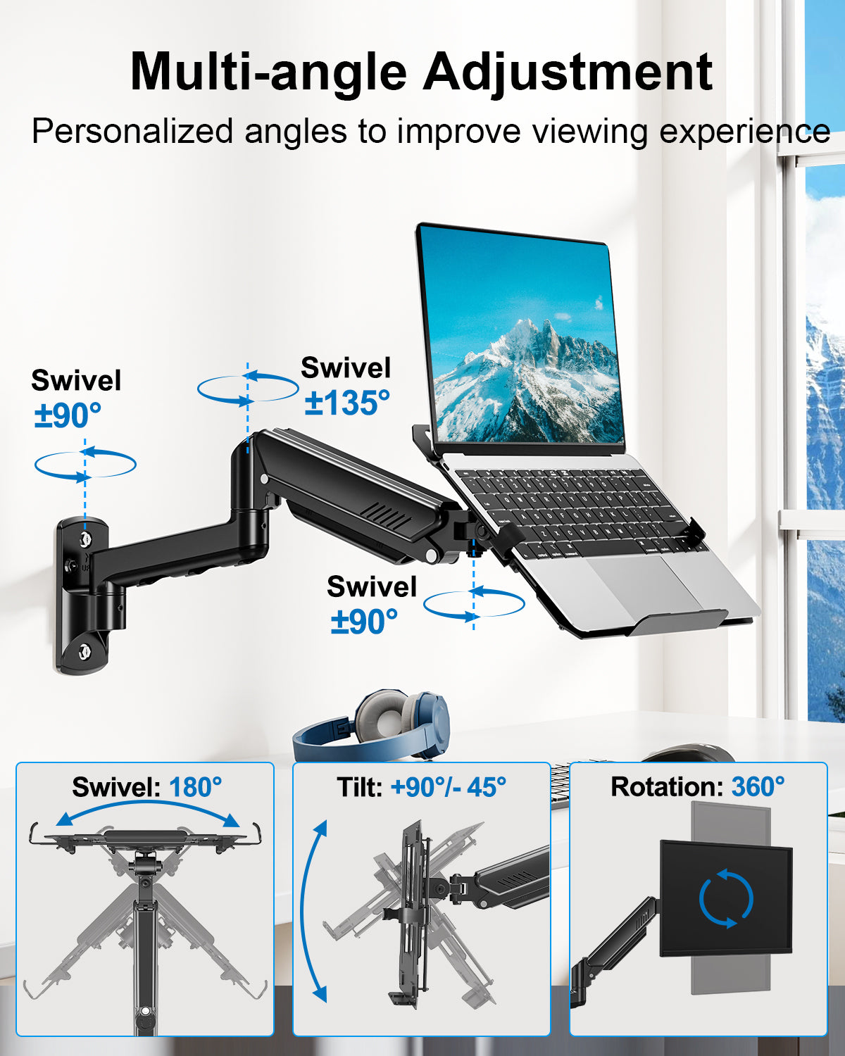 ErgoFocus Laptop Wall Mount, 2-in-1 Monitor Wall Mount with Vented Tray fits Max 17" Notebook or 13-32" Computer Screen, Adjustable Laptop Arm Holds 4.4-22lbs, Gas Spring Laptop Holder Stand