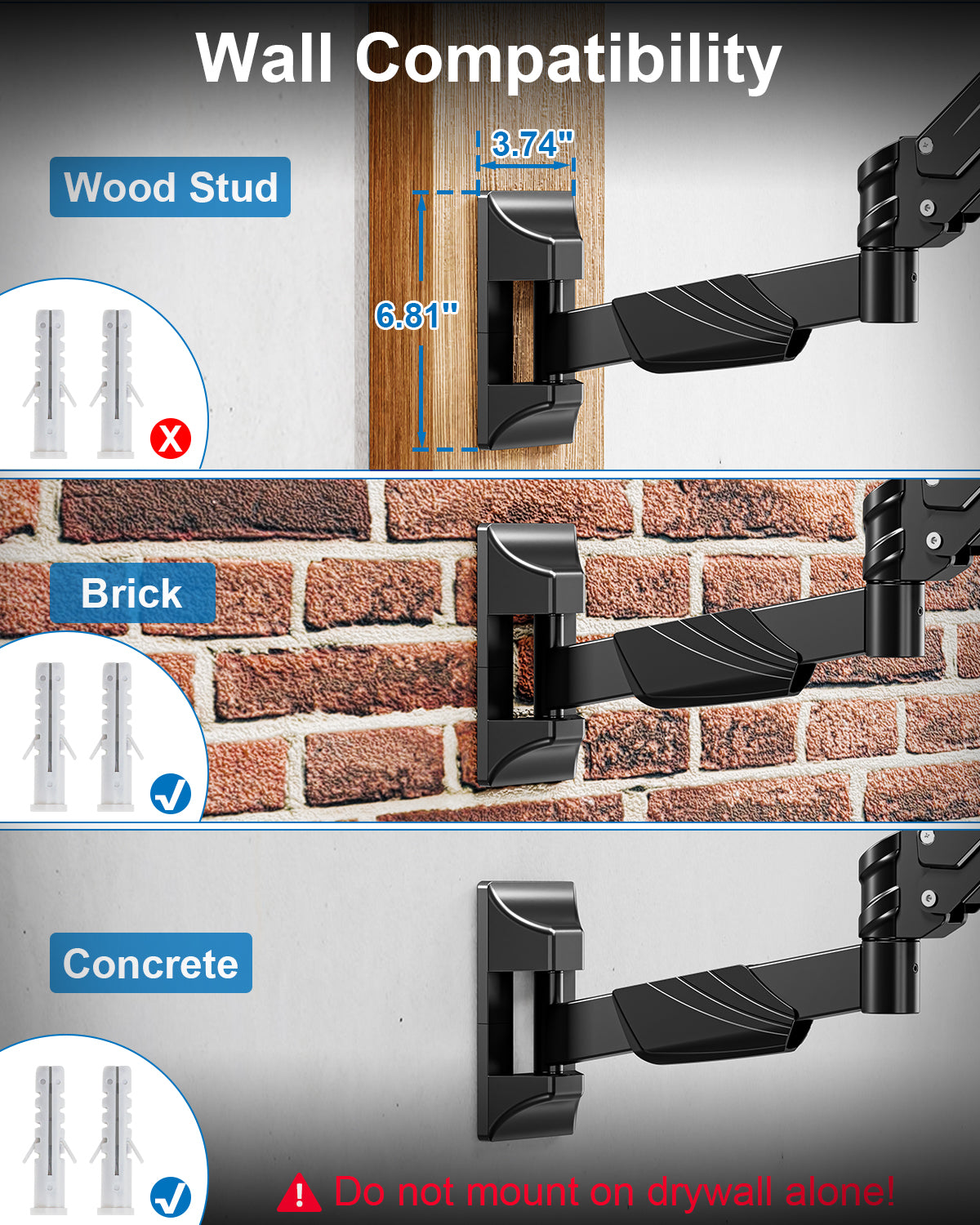 ErgoFocus Monitor Wall Mount for Max 43", Premium Single Wall Monitor Mount Holds up to 33.1lbs Ultrawide Computer Screen, Height Adjustable Full Motion Gas Springcore Vesa Wall Mount, Max 200x200mm