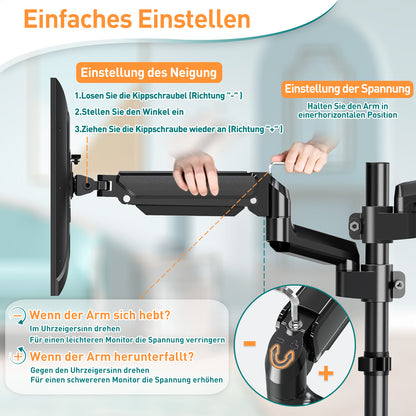 ELIVED Monitor Halterung 2 Monitore für 13-32 Zoll Bildschirme mit VESA 75/100, Gasdruckfeder 2 Monitorhalterung, Drehbar 360°, 9kg/Arm, Höhenverstellbar Monitor Arm EV6032