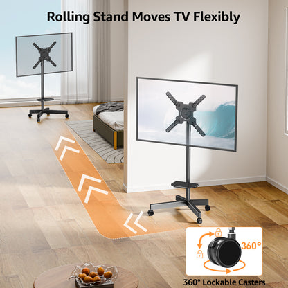 ELIVED Mobile TV Stand on Wheels, for 23-60 Inch TVs, Tilt Height Adjustable Rolling TV Trolley with Media Shelf, Holds up to 35kg, Max Vesa 400x400mm, 90° Rotation Landscape to Portrait, EV2114B