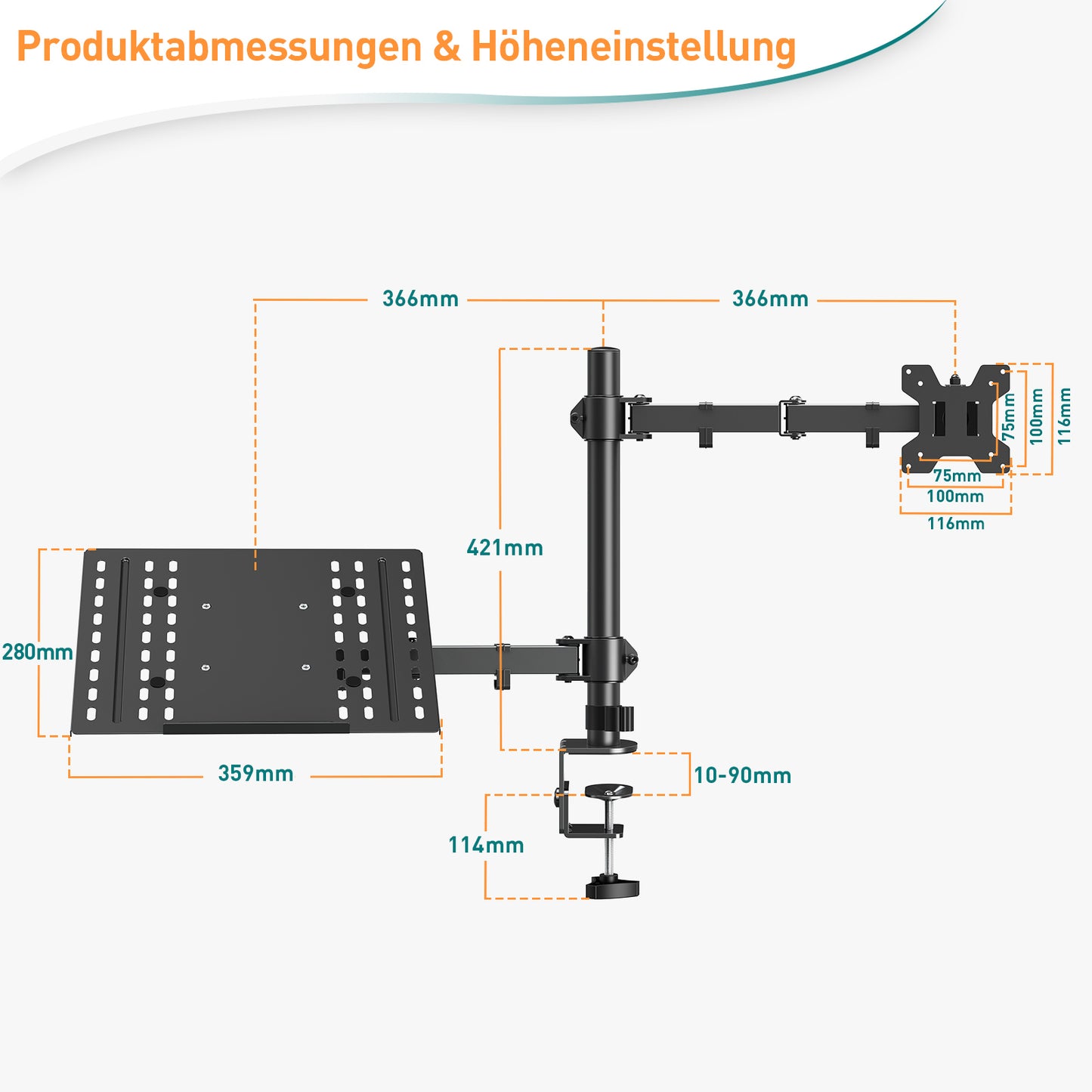 ELIVED Monitor Halterung mit Laptop Arm für die meisten 13-27 Zoll LCD LED Bildschirme und bis zu 15,6 Zoll Notebooks, VESA 75x75-100x100mm, EV024