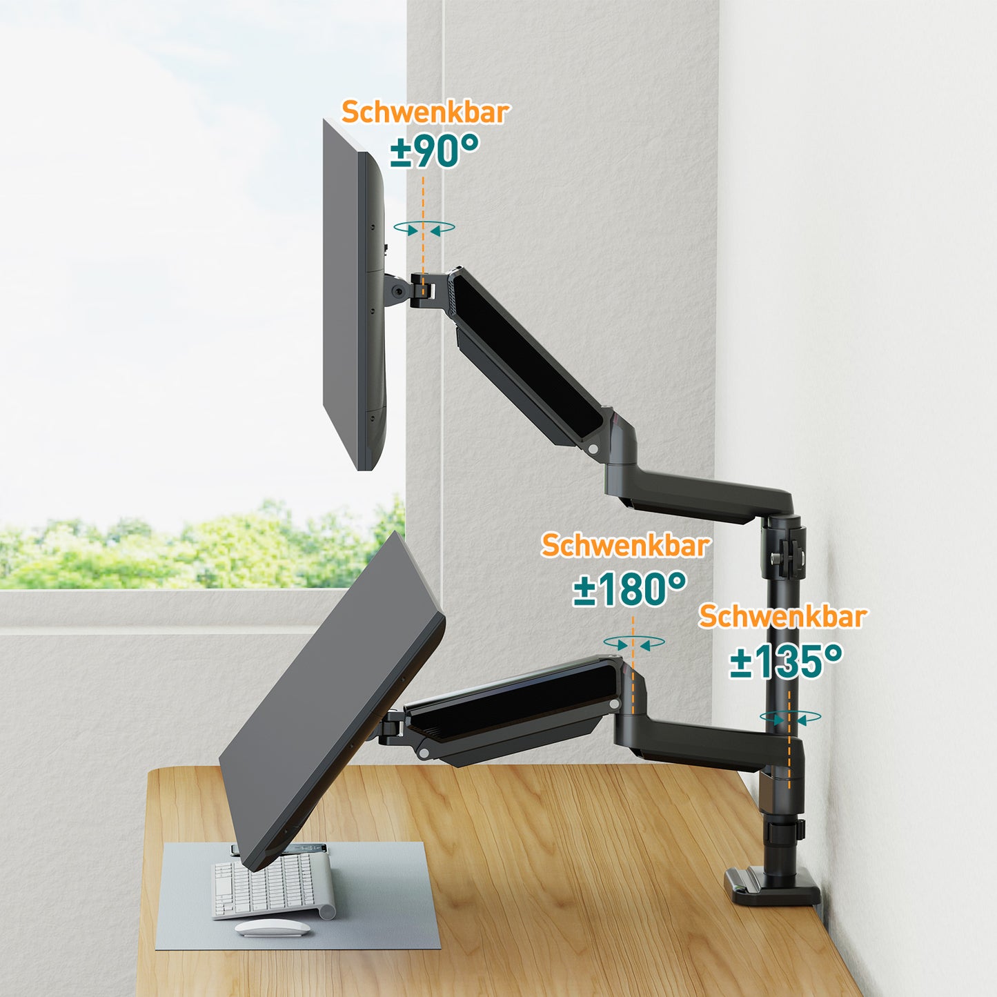 ELIVED Monitor Halterung 2 Monitore für 13-32 Zoll Bildschirme mit VESA 75/100, Gasdruckfeder 2 Monitorhalterung, Drehbar 360°, 9kg/Arm, Höhenverstellbar Monitor Arm EV6032