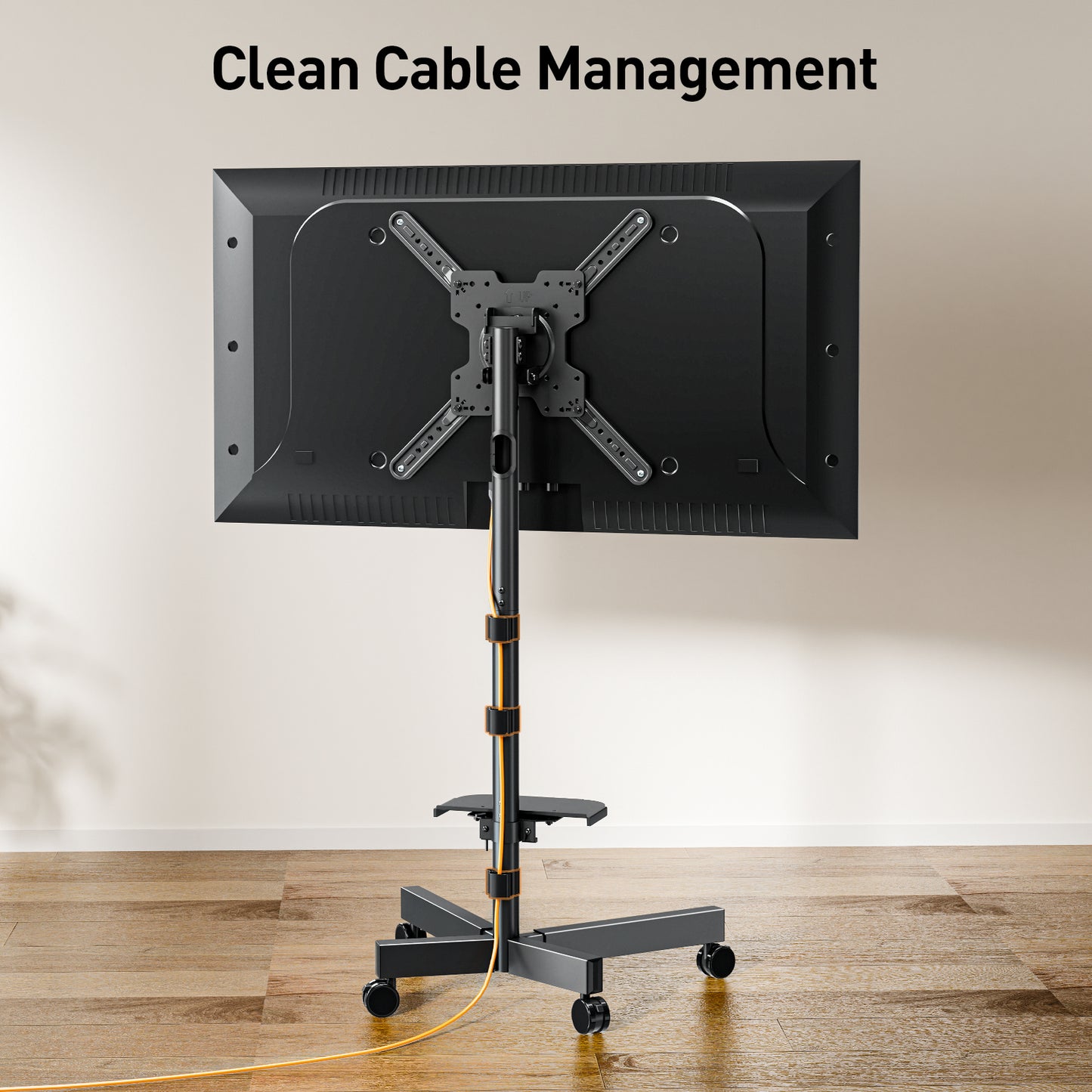 ELIVED Mobile TV Stand on Wheels, for 23-60 Inch TVs, Tilt Height Adjustable Rolling TV Trolley with Media Shelf, Holds up to 35kg, Max Vesa 400x400mm, 90° Rotation Landscape to Portrait, EV2114B
