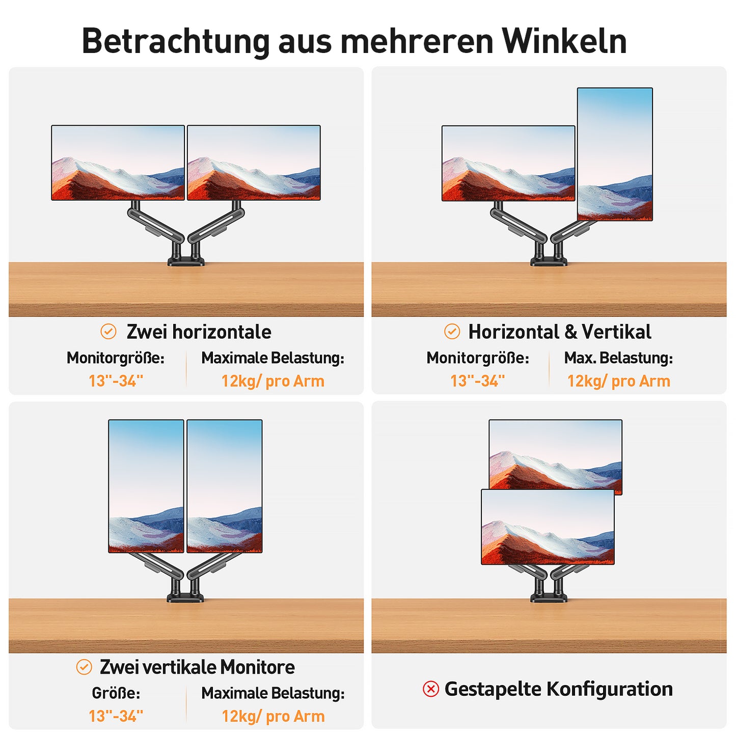 ELIVED Monitor Halterung 2 Monitore für 17-34 Zoll Bildschirme, Bildschirmhalterung 2 Monitore hält 2-12 kg Monitore mit VESA 75/100mm, Höhenverstellbar Monitorhalterung mit Drehbar, Grau, EV3236B-G