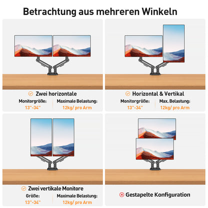 ELIVED Monitor Halterung 2 Monitore für 17-34 Zoll Bildschirme, Bildschirmhalterung 2 Monitore hält 2-12 kg Monitore mit VESA 75/100mm, Höhenverstellbar Monitorhalterung mit Drehbar, Grau, EV3236B-G
