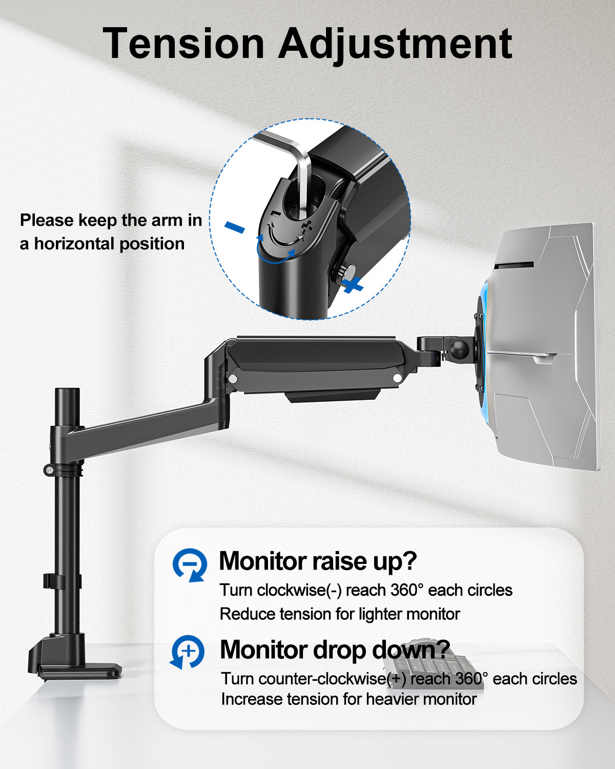 ErgoFocus  Heavy Duty Single Monitor Mount for Max 49 inch, Hold 4.4 to 44 lbs Ultrawide Screens, Premium Monitor Arm for Samsung Odyssey G9 and More, Adjustable Gas Spring Desk Stand, VESA Mount