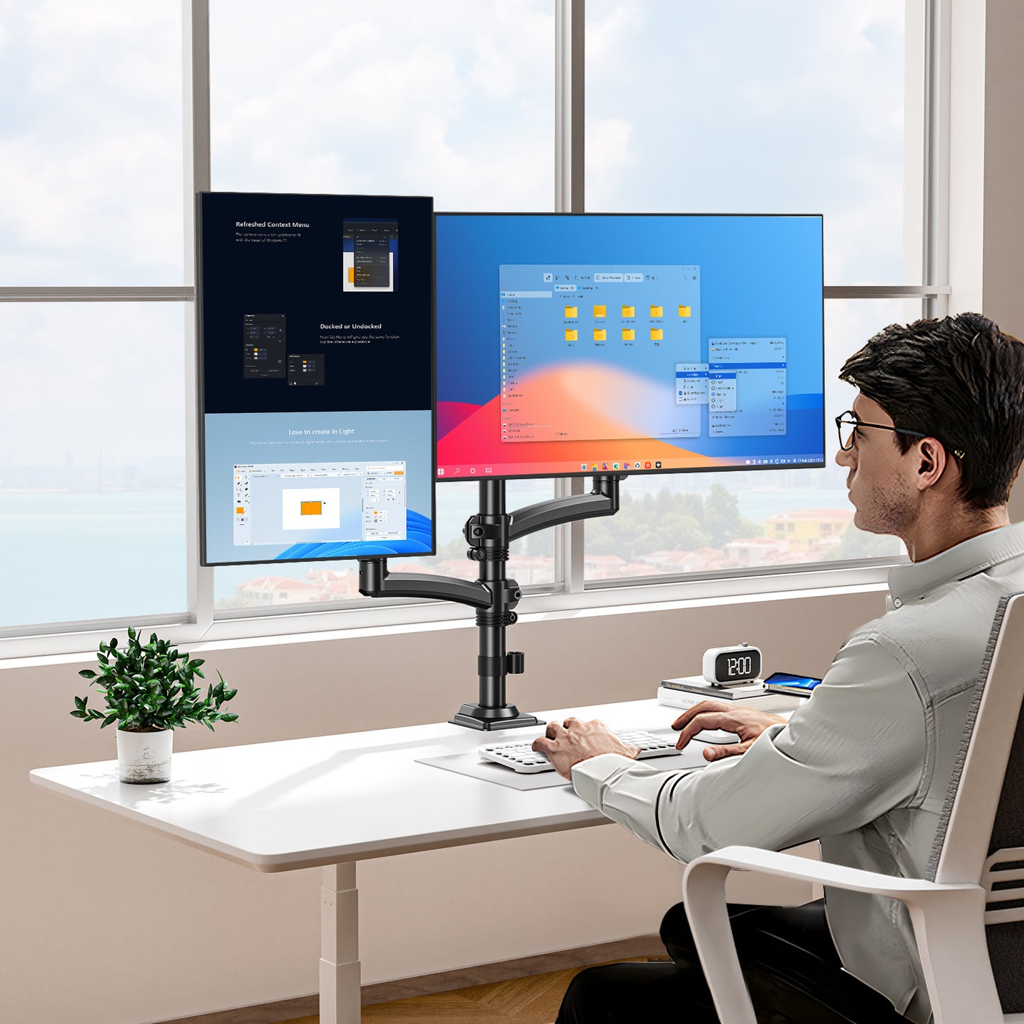 ELIVED Taller Dual Monitor Stand Long Arms for 13-32 inch Screens, Height Adjustable, VESA 75/100mm, Monitor Arm Desk Mount with Tilt Swivel Rotation, Up to 10KG, Black, EV6034B