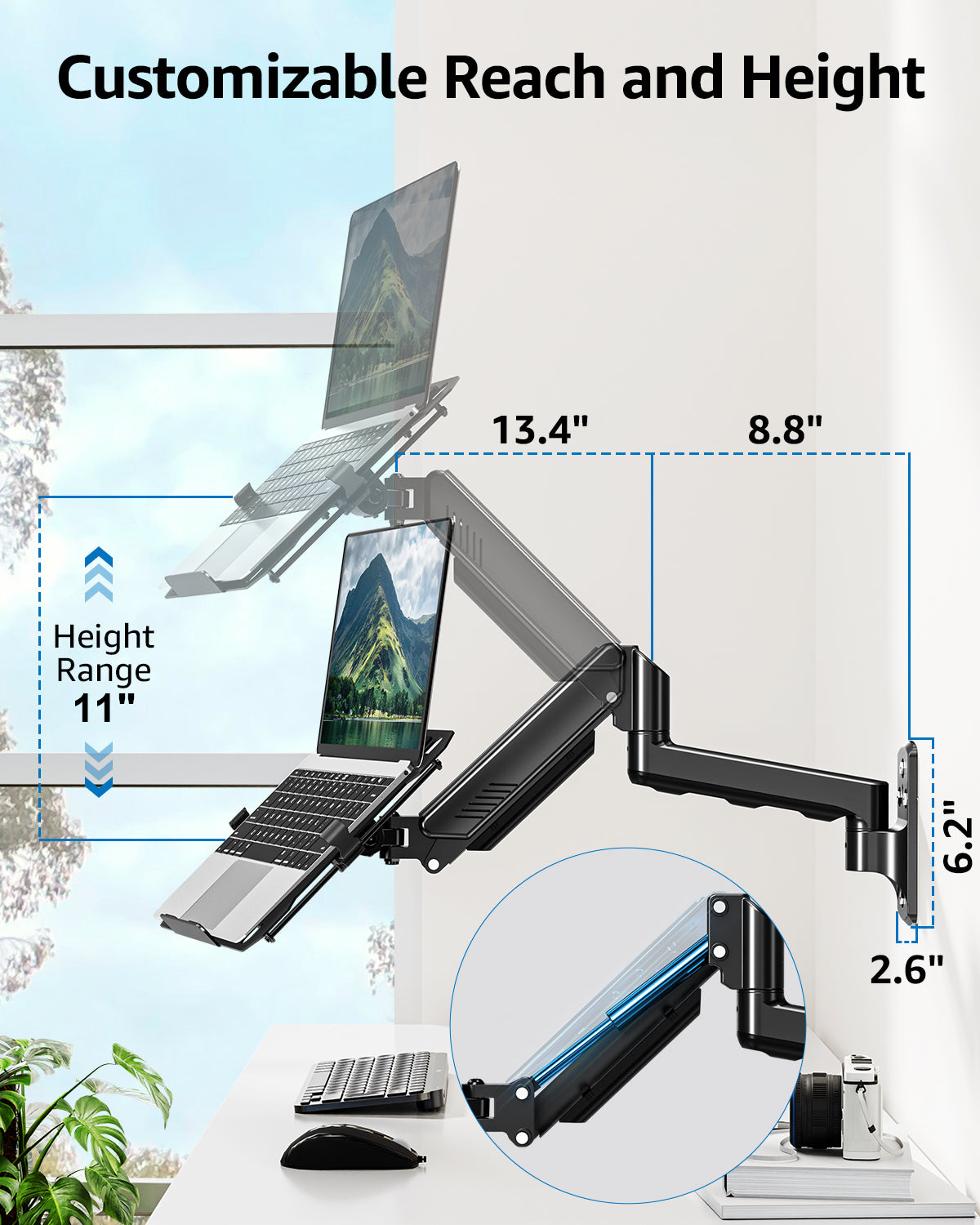 ErgoFocus Laptop Wall Mount, 2-in-1 Monitor Wall Mount with Vented Tray fits Max 17" Notebook or 13-32" Computer Screen, Adjustable Laptop Arm Holds 4.4-22lbs, Gas Spring Laptop Holder Stand