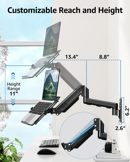 ErgoFocus Laptop Wall Mount, 2-in-1 Monitor Wall Mount with Vented Tray fits Max 17" Notebook or 13-32" Computer Screen, Adjustable Laptop Arm Holds 4.4-22lbs, Gas Spring Laptop Holder Stand