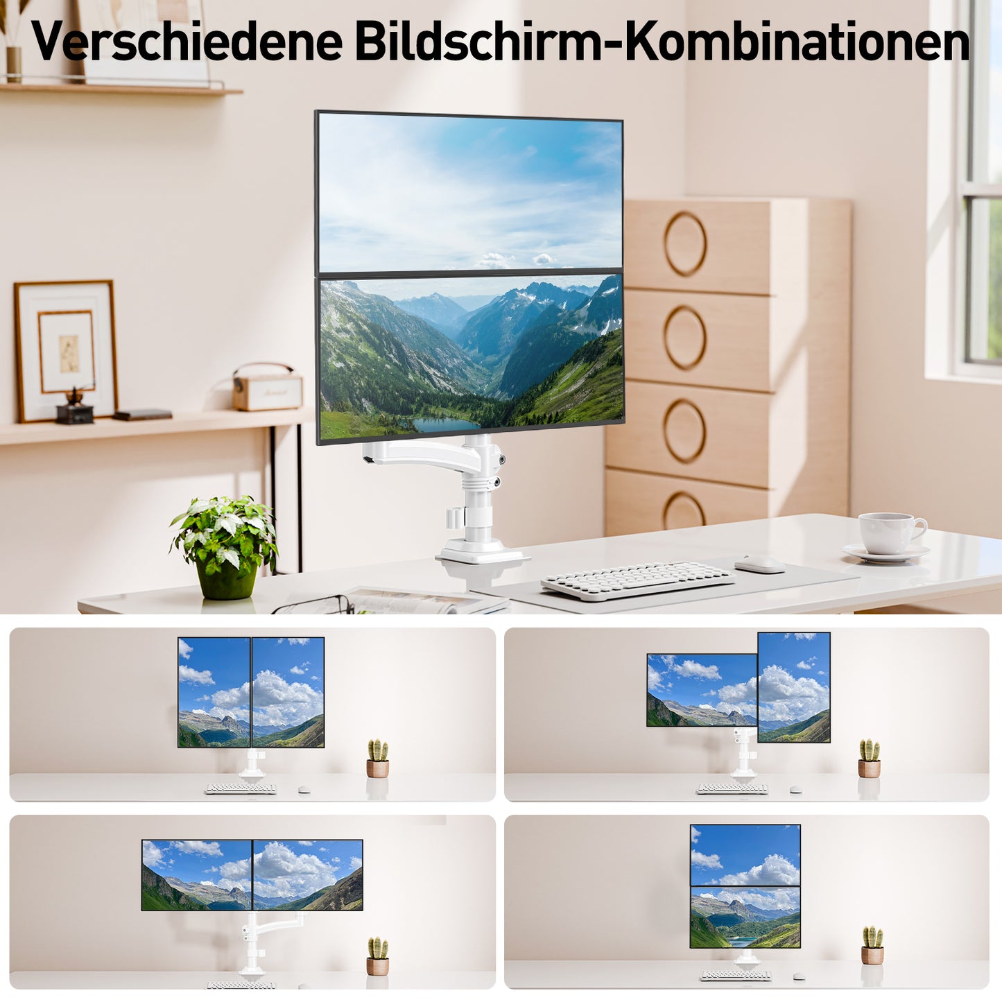 ELIVED Monitor Halterung 2 Monitore für 13-32" Bildschirme, Monitor Arm hält 2-10 kg Monitor mit VESA 75/100mm, Höhenverstellbare Dual Monitorarm mit Neigbar, Schwenkbar, Drehbar, Weiß, EV6034W