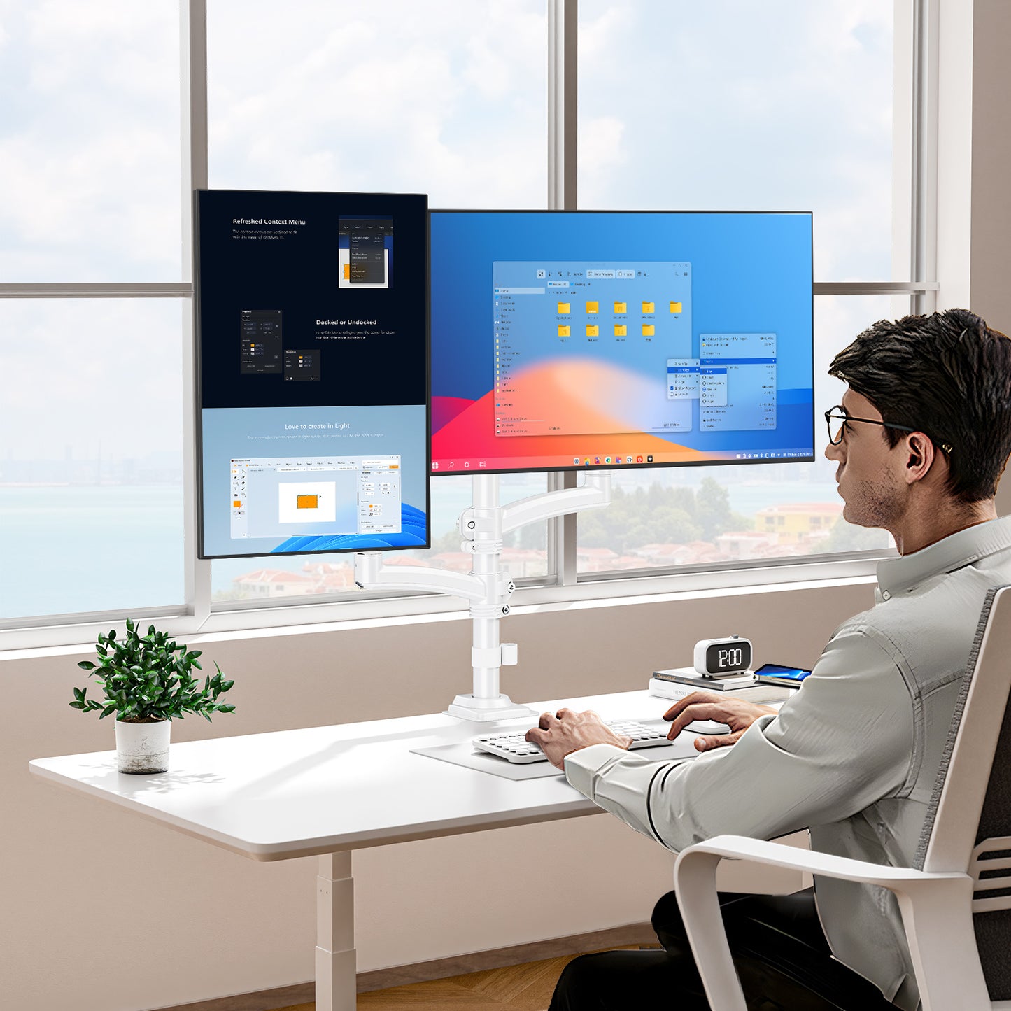 ELIVED Taller Dual Monitor Stand Long Arms for 13-32 inch Screens, Height Adjustable, VESA 75/100mm, Monitor Arm Desk Mount with Tilt Swivel Rotation, Up to 10KG, White, EV6034W