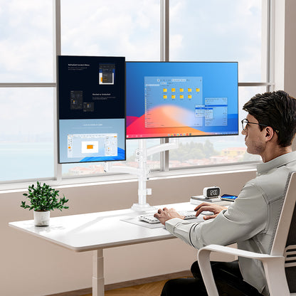 ELIVED Taller Dual Monitor Stand Long Arms for 13-32 inch Screens, Height Adjustable, VESA 75/100mm, Monitor Arm Desk Mount with Tilt Swivel Rotation, Up to 10KG, White, EV6034W