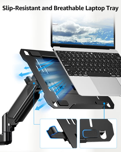 ErgoFocus Laptop Wall Mount, 2-in-1 Monitor Wall Mount with Vented Tray fits Max 17" Notebook or 13-32" Computer Screen, Adjustable Laptop Arm Holds 4.4-22lbs, Gas Spring Laptop Holder Stand
