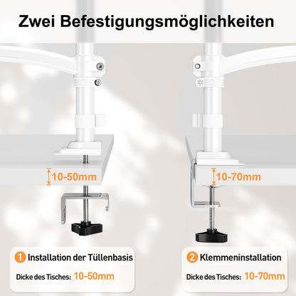 ELIVED Monitor Halterung 2 Monitore für 13-32" Bildschirme, Monitor Arm hält 2-10 kg Monitor mit VESA 75/100mm, Höhenverstellbare Dual Monitorarm mit Neigbar, Schwenkbar, Drehbar, Weiß, EV6034W