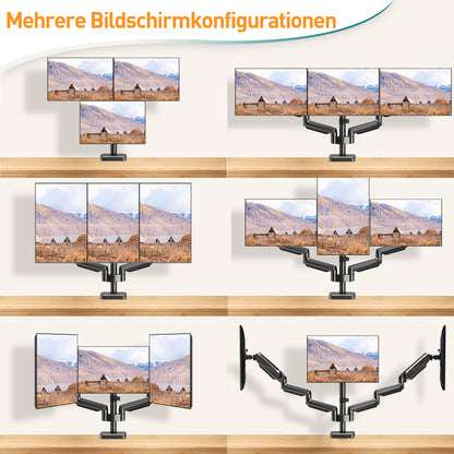 ELIVED Monitor Halterung 3 Monitore für 13-27 Zoll Bildschirme bis zu 9kg mit VESA 75/100, Gasdruckfeder 3 Monitorhalterung, Neigbar Schwenkbar Drehbar Höhenverstellbar Monitor Arm EV006