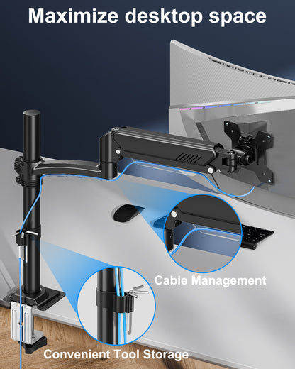 ErgoFocus Single Monitor Mount Holds Max 22lbs, 13-32 inch Monitor Desk Mount, Height Adjustable Tall Monitors Arm, Monitors Stand with Tilt Swivel Rotation, VESA 75 100mm, Black, Freelift