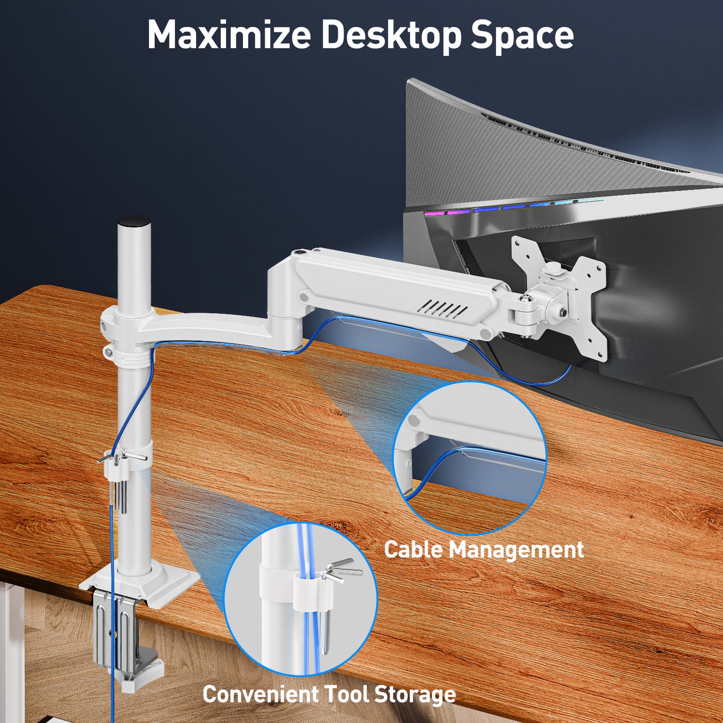 ELIVED Taller Monitor Stand Long Arms for 13-32 inch Screens, Height Adjustable, VESA 75/100mm, Single Monitor Arm Desk Mount with Tilt Swivel Rotation, Up to 10KG, White, EV6033W