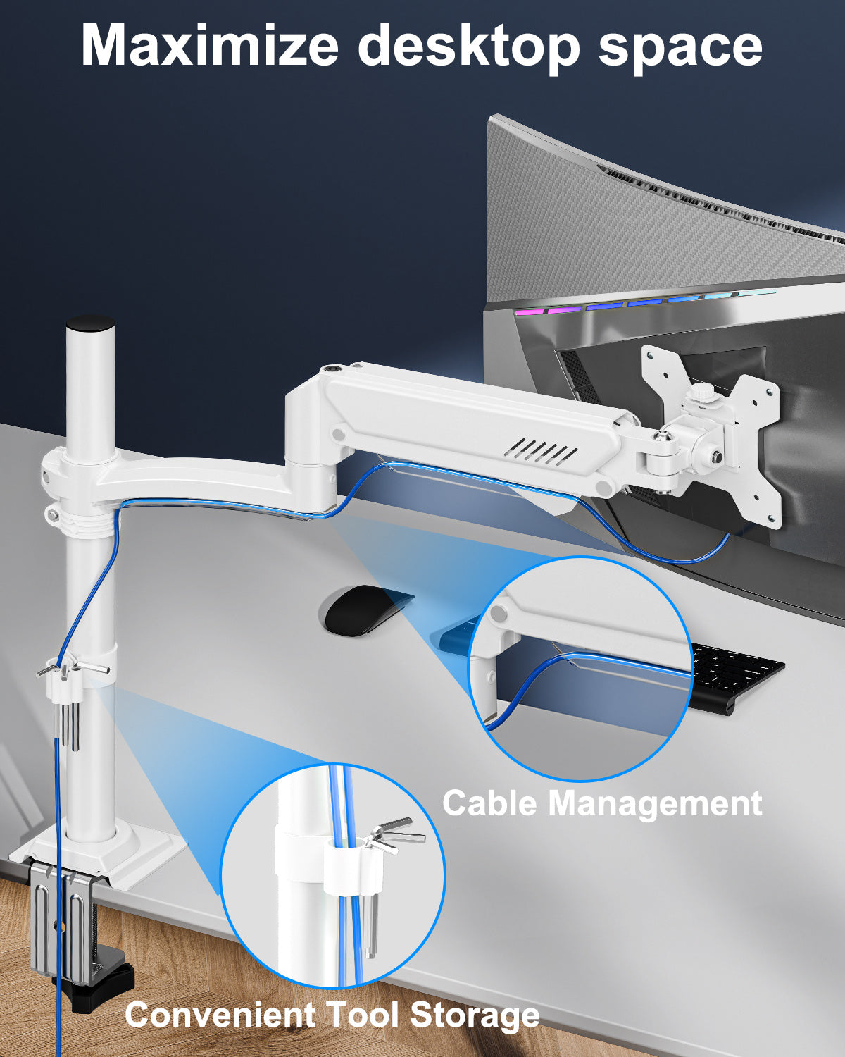 ErgoFocus Single Monitor Mount Holds Max 22lbs, 13-32 inch Monitor Desk Mount, Height Adjustable Tall Monitors Arm, Monitors Stand with Tilt Swivel Rotation, VESA 75 100mm, White, Freelift