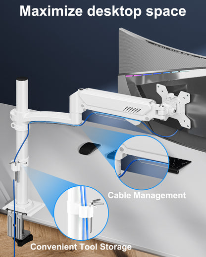 ErgoFocus Single Monitor Mount Holds Max 22lbs, 13-32 inch Monitor Desk Mount, Height Adjustable Tall Monitors Arm, Monitors Stand with Tilt Swivel Rotation, VESA 75 100mm, White, Freelift