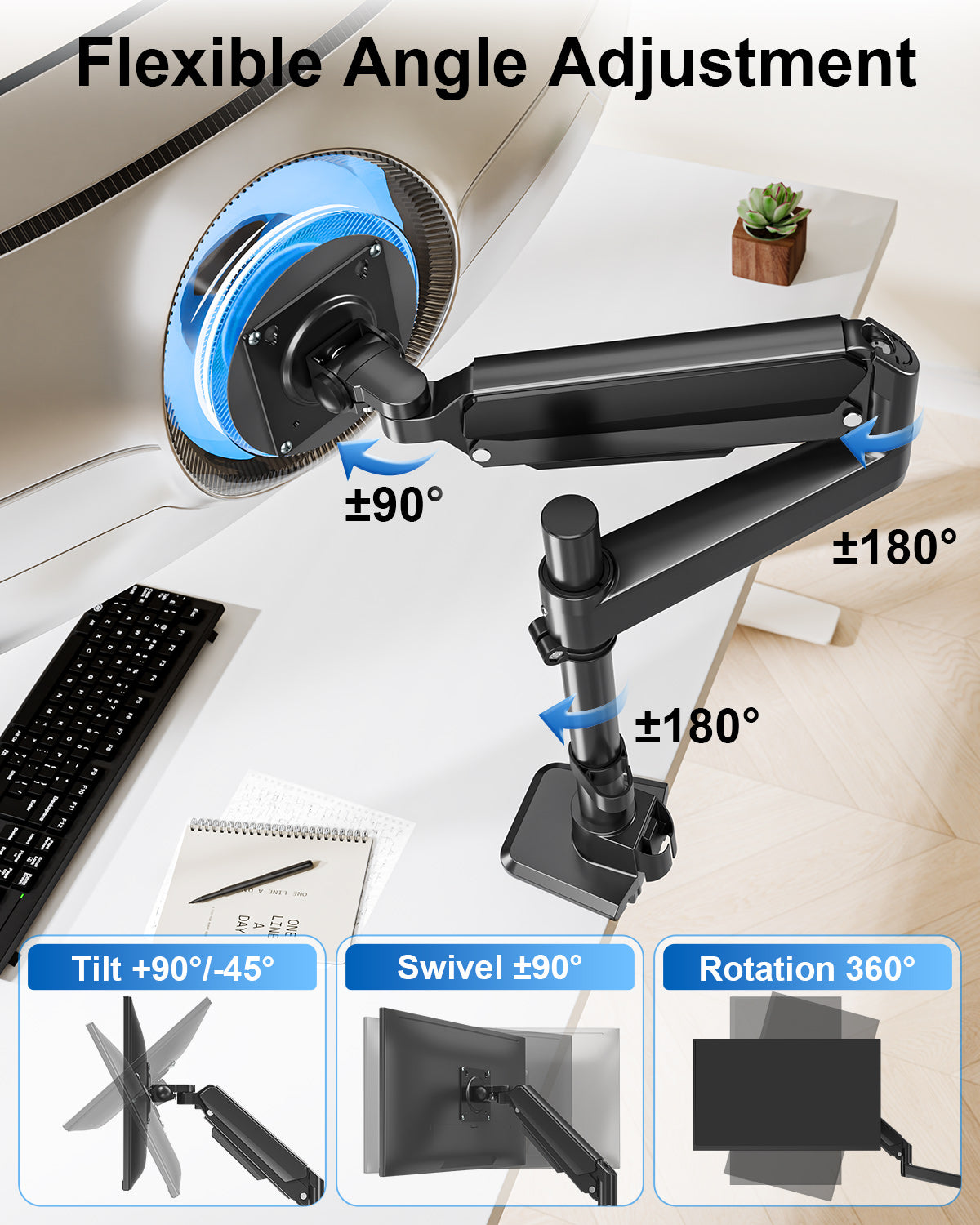 ErgoFocus  Heavy Duty Single Monitor Mount for Max 49 inch, Hold 4.4 to 44 lbs Ultrawide Screens, Premium Monitor Arm for Samsung Odyssey G9 and More, Adjustable Gas Spring Desk Stand, VESA Mount