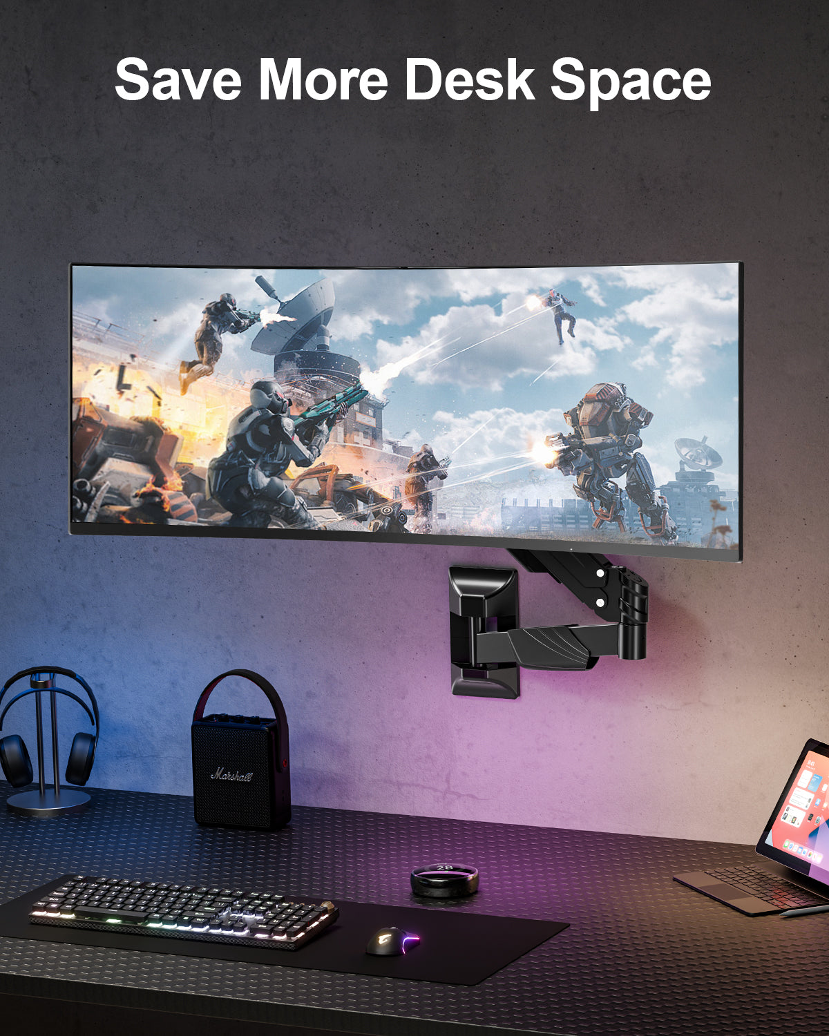 ErgoFocus Monitor Wall Mount for Max 43", Premium Single Wall Monitor Mount Holds up to 33.1lbs Ultrawide Computer Screen, Height Adjustable Full Motion Gas Springcore Vesa Wall Mount, Max 200x200mm