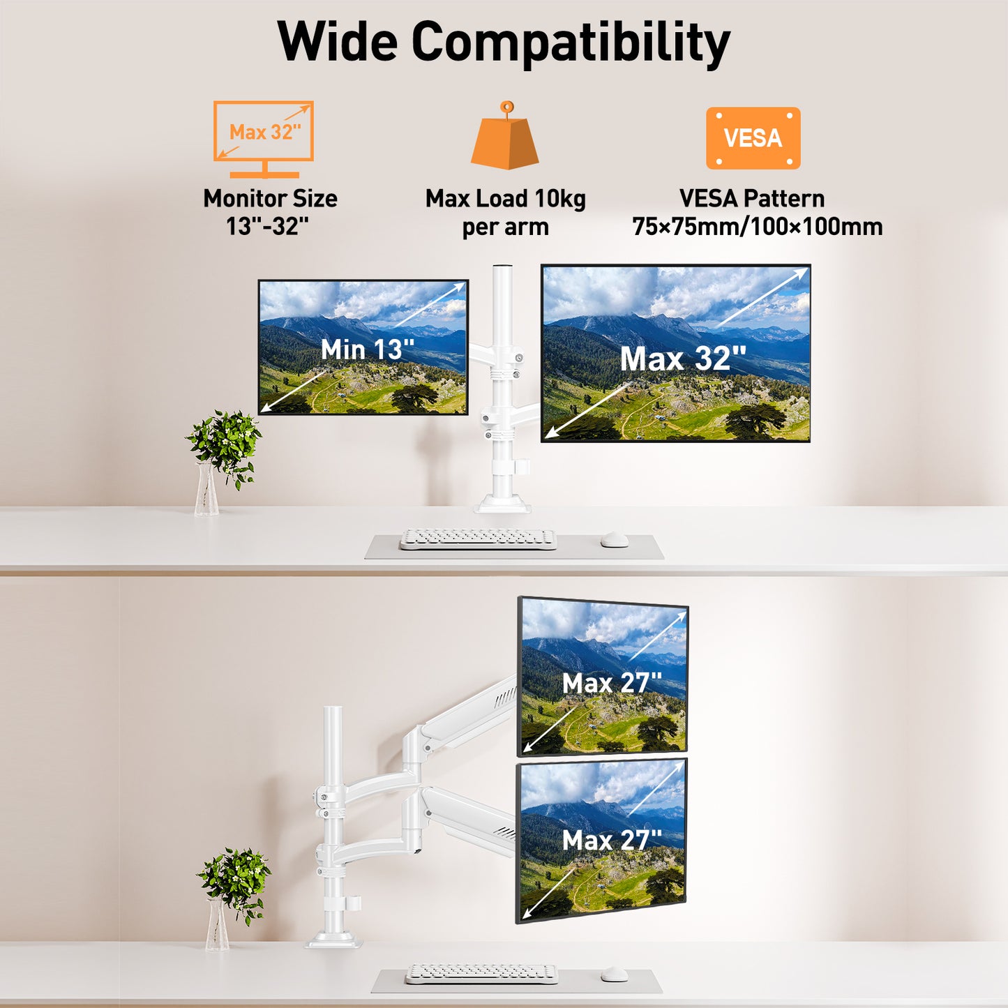 ELIVED Taller Dual Monitor Stand Long Arms for 13-32 inch Screens, Height Adjustable, VESA 75/100mm, Monitor Arm Desk Mount with Tilt Swivel Rotation, Up to 10KG, White, EV6034W