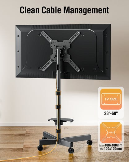 ELIVED Rolling TV Stand for Most 23"-60" TVs, Mobile TV Cart 90° Rotation Landscape to Portrait, Height Adjustable Floor TV Stand with Extendable Base, Max VESA 400x400mm, Up to 77 Lbs, YD2114B