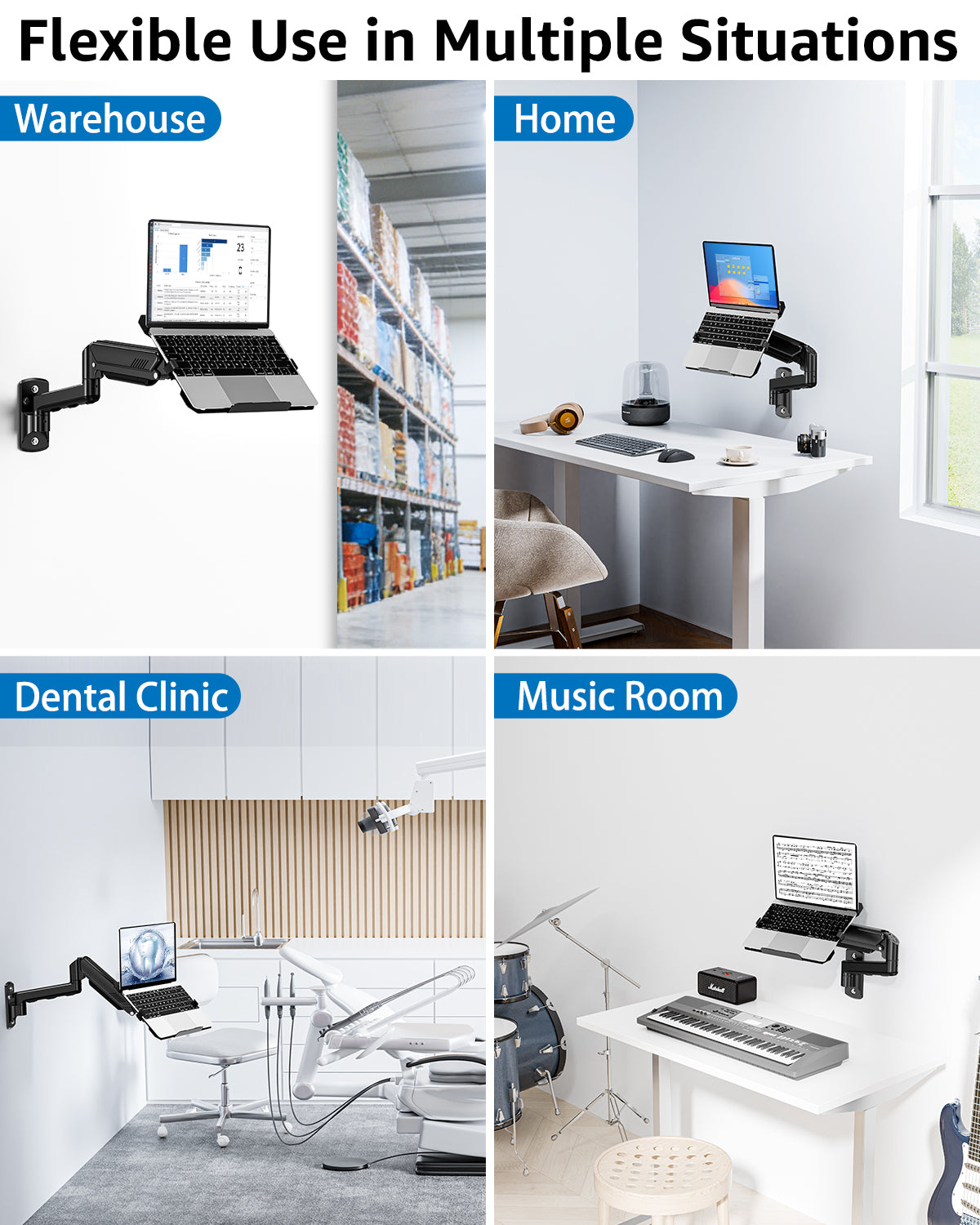 ErgoFocus Laptop Wall Mount, 2-in-1 Monitor Wall Mount with Vented Tray fits Max 17" Notebook or 13-32" Computer Screen, Adjustable Laptop Arm Holds 4.4-22lbs, Gas Spring Laptop Holder Stand
