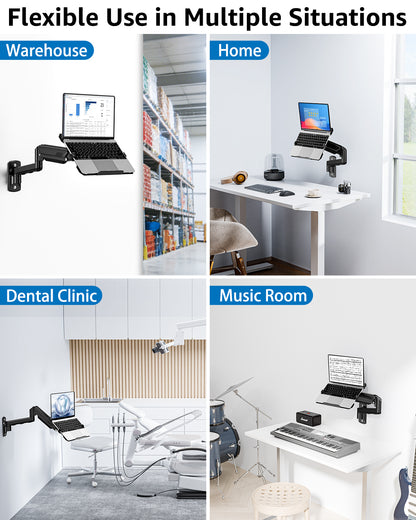ErgoFocus Laptop Wall Mount, 2-in-1 Monitor Wall Mount with Vented Tray fits Max 17" Notebook or 13-32" Computer Screen, Adjustable Laptop Arm Holds 4.4-22lbs, Gas Spring Laptop Holder Stand