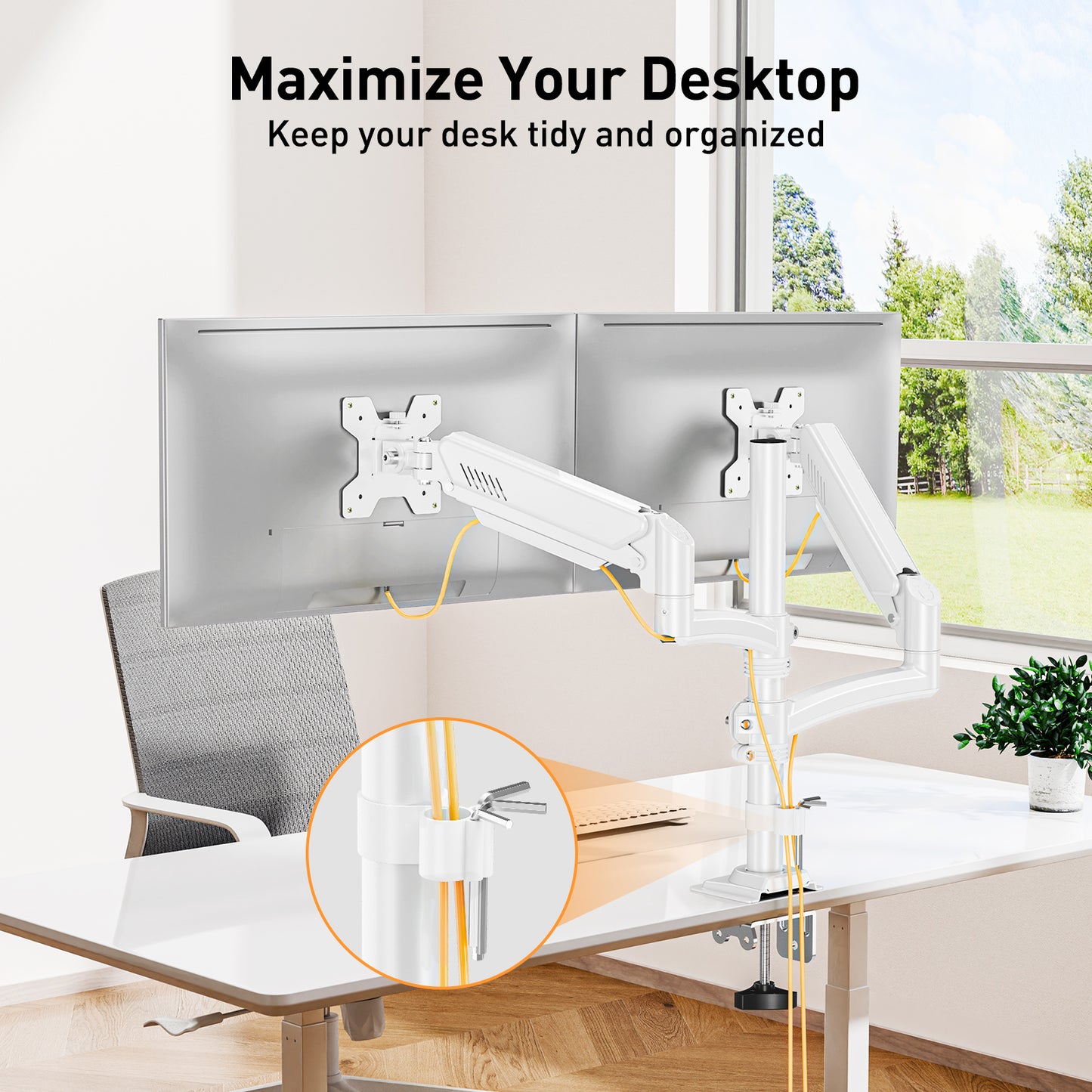 ELIVED Taller Dual Monitor Stand Long Arms for 13-32 inch Screens, Height Adjustable, VESA 75/100mm, Monitor Arm Desk Mount with Tilt Swivel Rotation, Up to 10KG, White, EV6034W