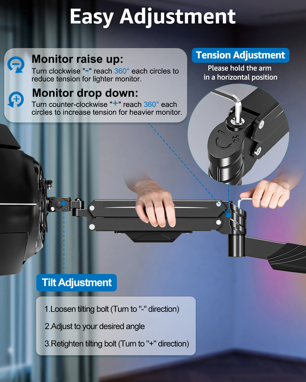 ErgoFocus Monitor Wall Mount for Max 43", Premium Single Wall Monitor Mount Holds up to 33.1lbs Ultrawide Computer Screen, Height Adjustable Full Motion Gas Springcore Vesa Wall Mount, Max 200x200mm