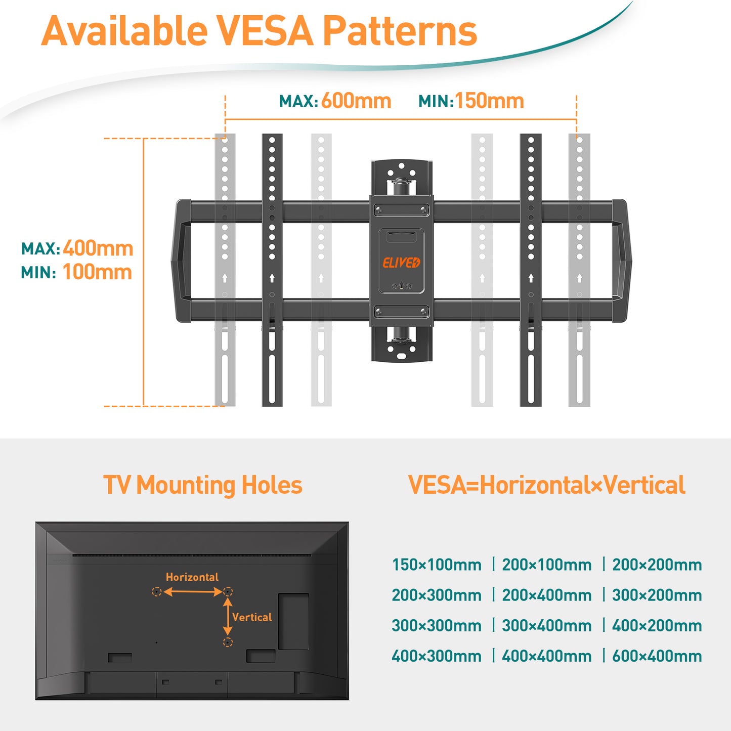 ELIVED 762mm Long Arm TV Wall bracket for Most 42-75 Inch TVs, Long Extension Corner TV Mount, Full Motion Wall Mount Bracket Swivel and Tilt, Holds up to 45KG. Max VESA 600x400mm
