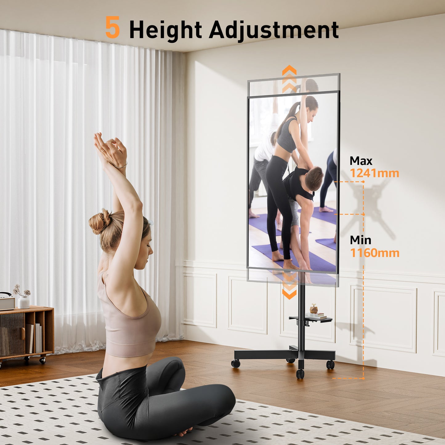 ELIVED Mobile TV Stand on Wheels, for 23-60 Inch TVs, Tilt Height Adjustable Rolling TV Trolley with Media Shelf, Holds up to 35kg, Max Vesa 400x400mm, 90° Rotation Landscape to Portrait, EV2114B