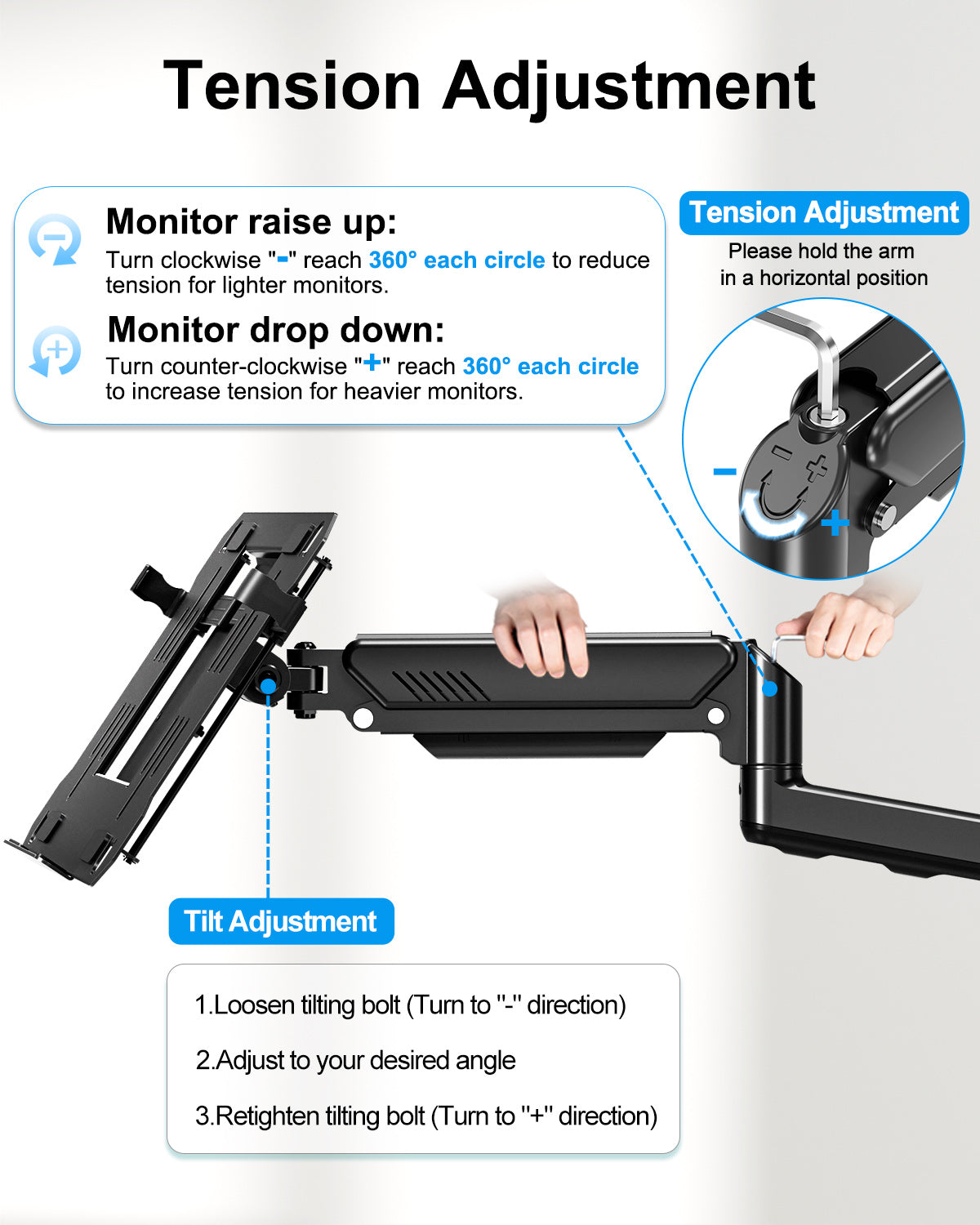 ErgoFocus Laptop Wall Mount, 2-in-1 Monitor Wall Mount with Vented Tray fits Max 17" Notebook or 13-32" Computer Screen, Adjustable Laptop Arm Holds 4.4-22lbs, Gas Spring Laptop Holder Stand