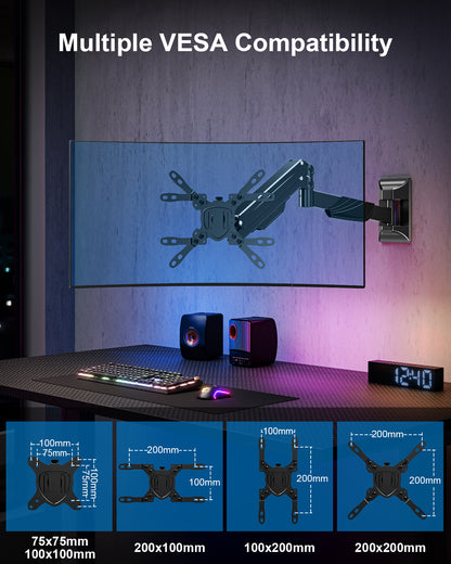 ErgoFocus Monitor Wall Mount for Max 43", Premium Single Wall Monitor Mount Holds up to 33.1lbs Ultrawide Computer Screen, Height Adjustable Full Motion Gas Springcore Vesa Wall Mount, Max 200x200mm