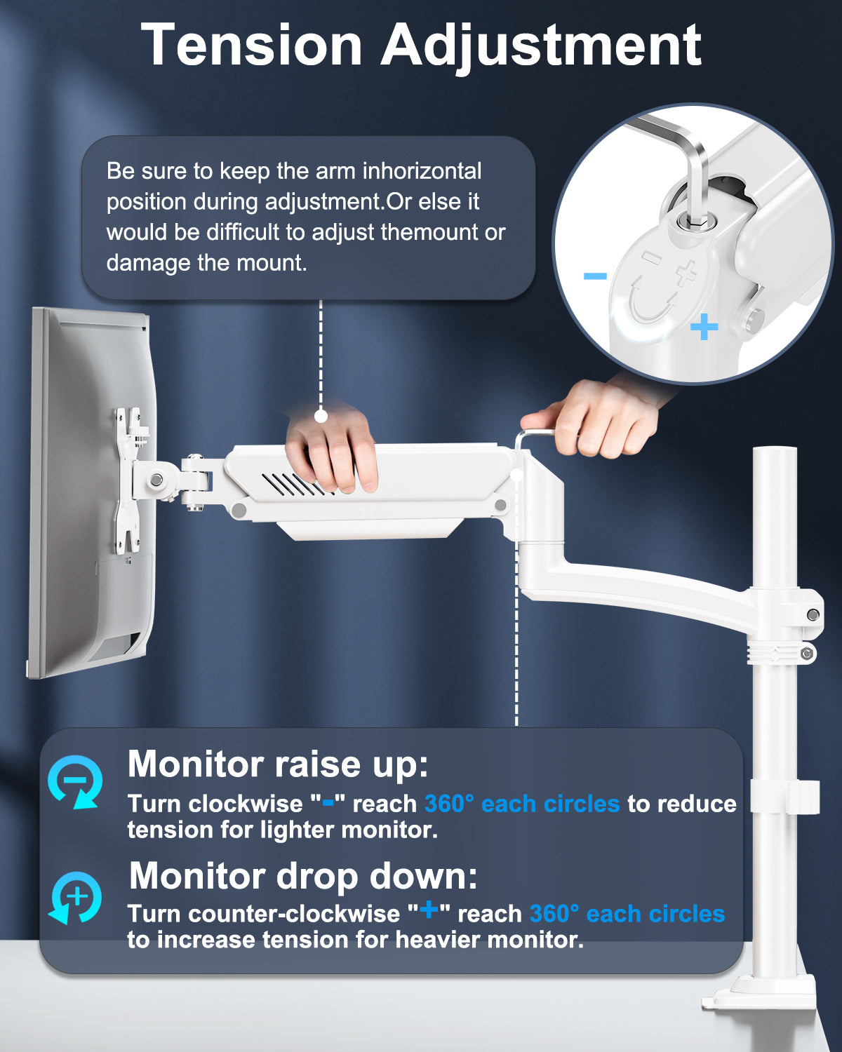 ErgoFocus Single Monitor Mount Holds Max 22lbs, 13-32 inch Monitor Desk Mount, Height Adjustable Tall Monitors Arm, Monitors Stand with Tilt Swivel Rotation, VESA 75 100mm, White, Freelift
