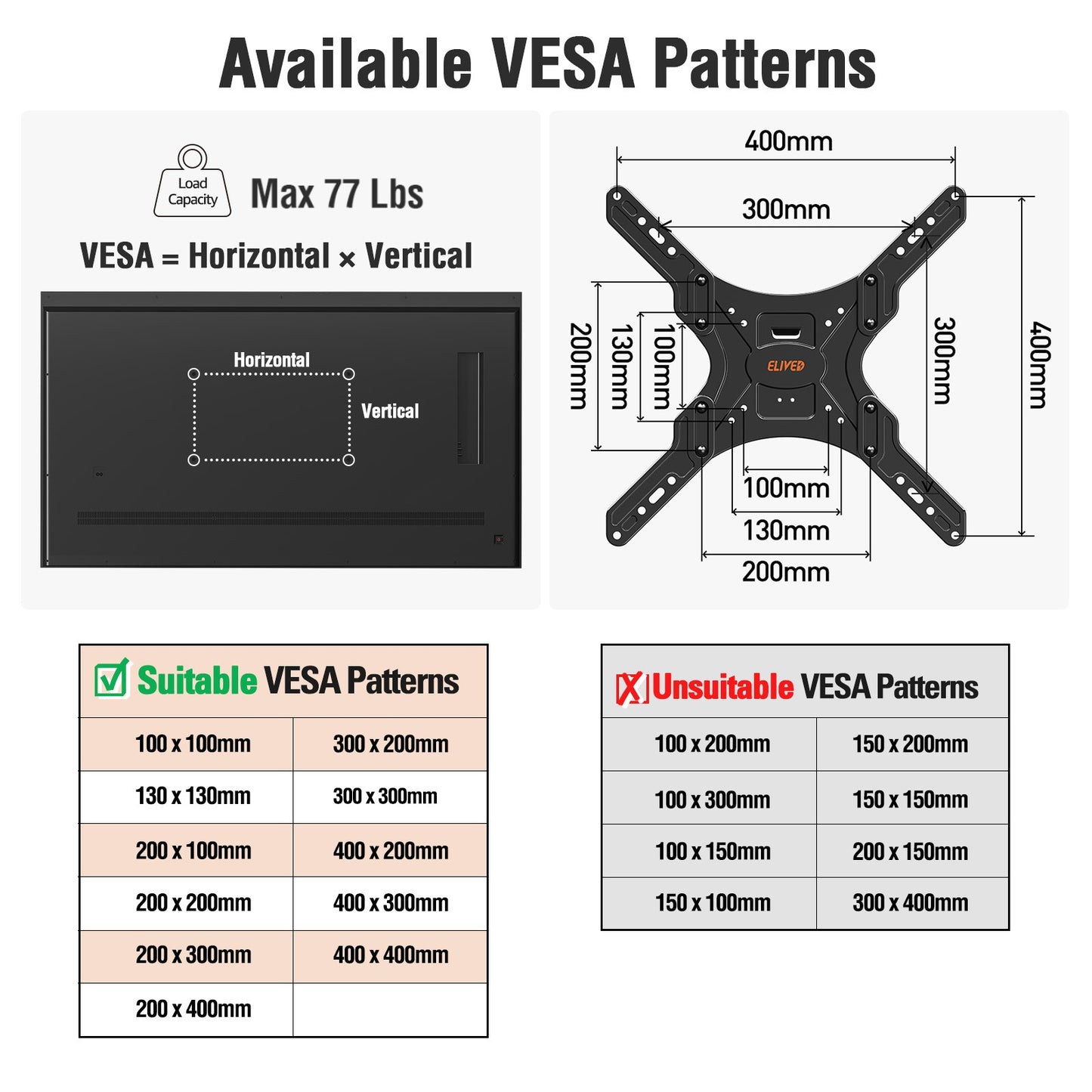ELIVED Pillar TV Mount for Most 26"-60" TVs, Column TV Mount for Gazebo Patio Pergola, No Drill Full Motion tv Bracket Swivel and Tilt, Fits Multi-Shaped Poles, Max VESA 400x400mm, 77 Lbs. YD0084