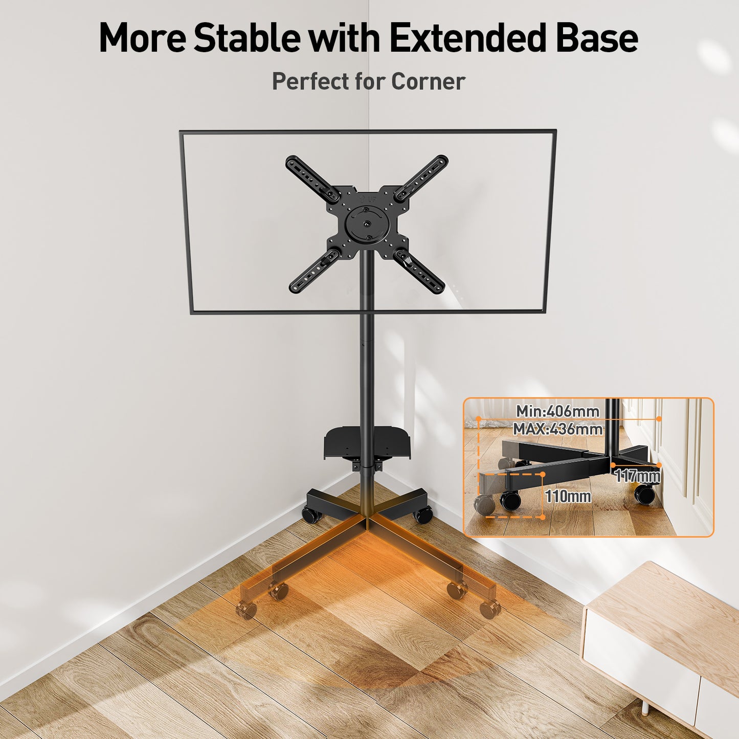 ELIVED Mobile TV Stand on Wheels, for 23-60 Inch TVs, Tilt Height Adjustable Rolling TV Trolley with Media Shelf, Holds up to 35kg, Max Vesa 400x400mm, 90° Rotation Landscape to Portrait, EV2114B