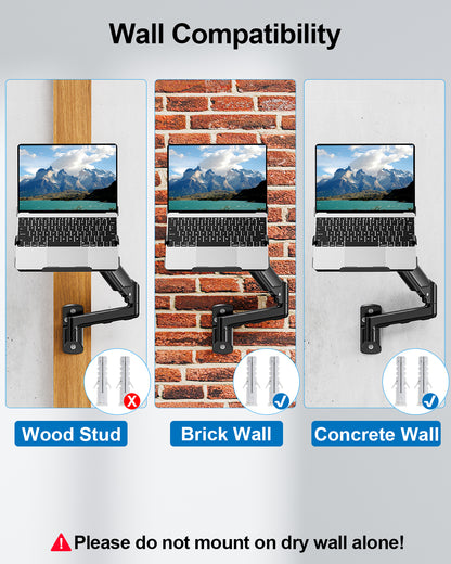 ErgoFocus Laptop Wall Mount, 2-in-1 Monitor Wall Mount with Vented Tray fits Max 17" Notebook or 13-32" Computer Screen, Adjustable Laptop Arm Holds 4.4-22lbs, Gas Spring Laptop Holder Stand