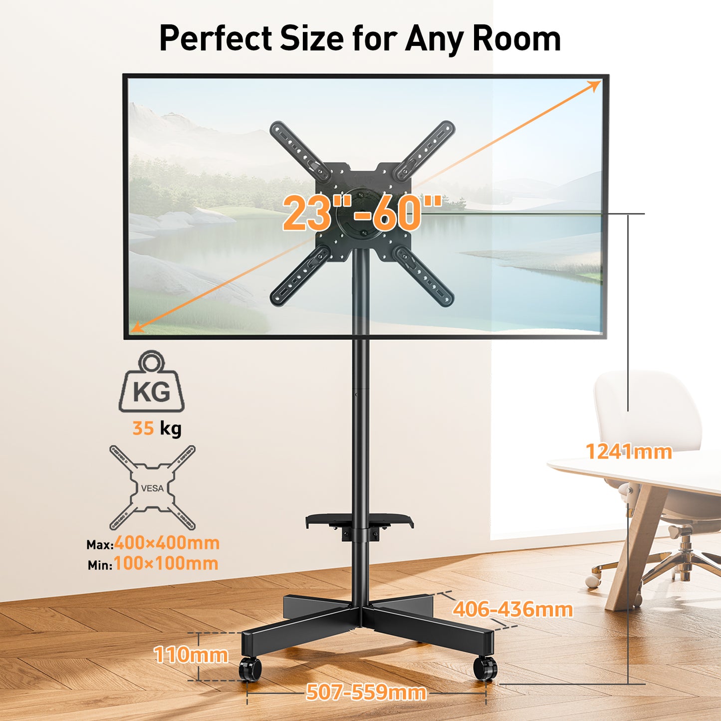ELIVED Mobile TV Stand on Wheels, for 23-60 Inch TVs, Tilt Height Adjustable Rolling TV Trolley with Media Shelf, Holds up to 35kg, Max Vesa 400x400mm, 90° Rotation Landscape to Portrait, EV2114B