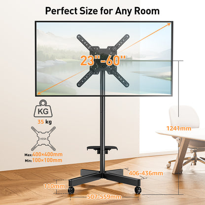 ELIVED Mobile TV Stand on Wheels, for 23-60 Inch TVs, Tilt Height Adjustable Rolling TV Trolley with Media Shelf, Holds up to 35kg, Max Vesa 400x400mm, 90° Rotation Landscape to Portrait, EV2114B