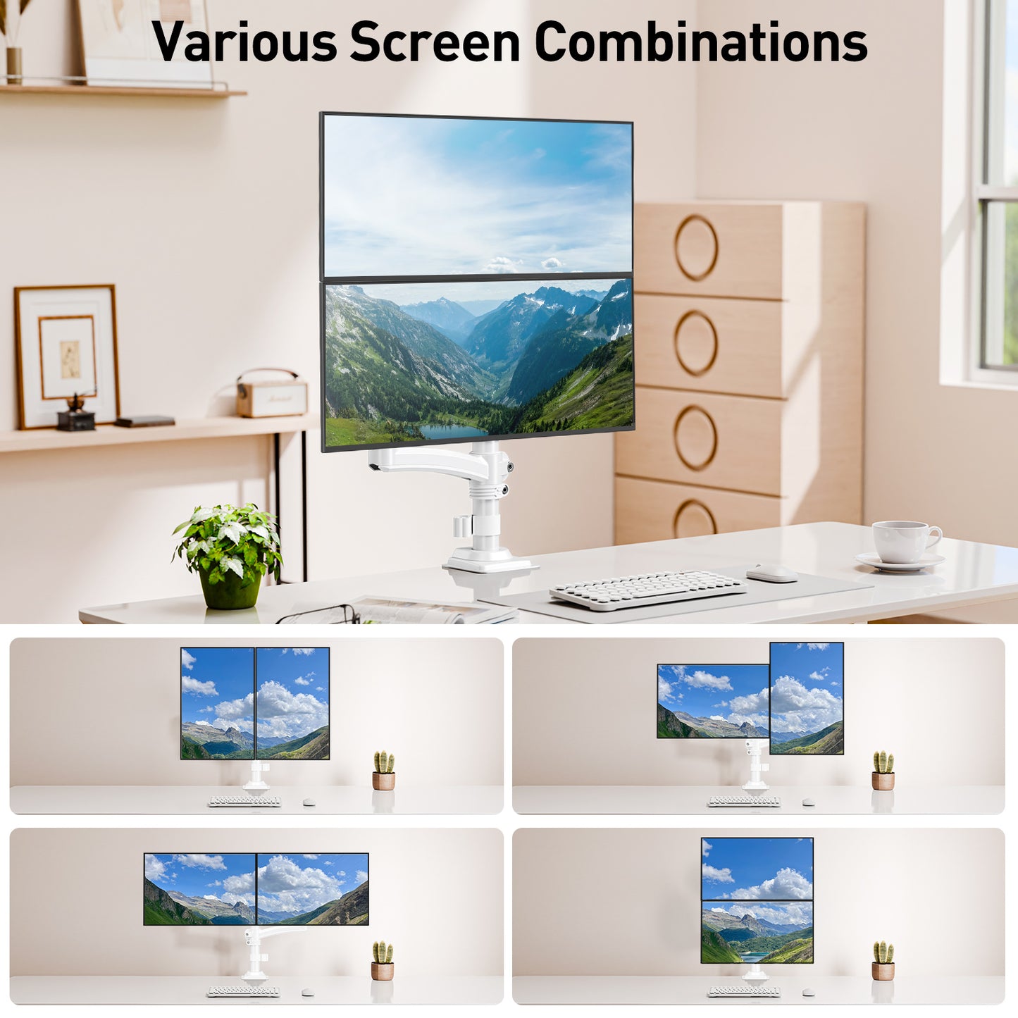 ELIVED Taller Dual Monitor Stand Long Arms for 13-32 inch Screens, Height Adjustable, VESA 75/100mm, Monitor Arm Desk Mount with Tilt Swivel Rotation, Up to 10KG, White, EV6034W