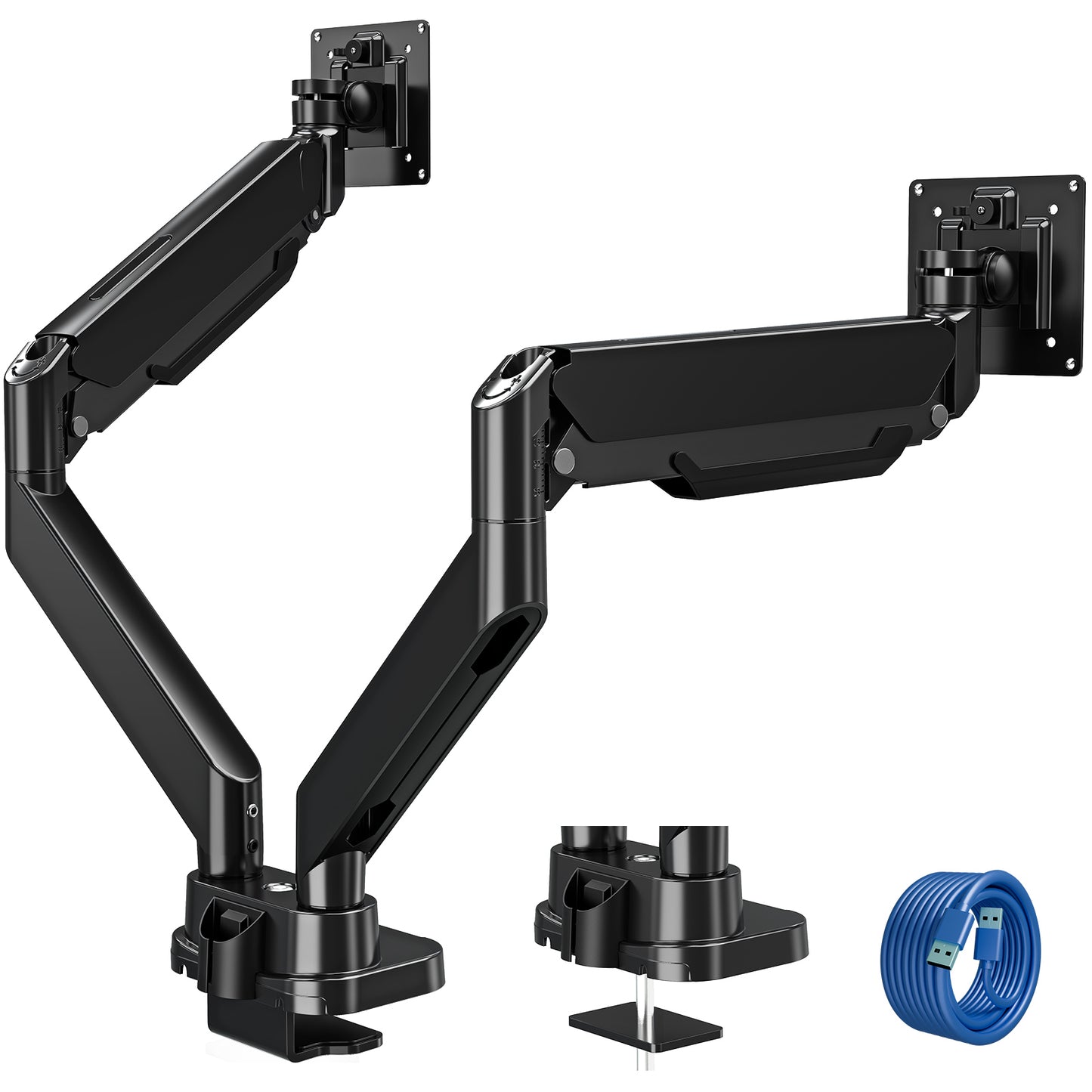 ELIVED Monitor Halterung 2 Monitore für 13-39" Bildschirme, Gasfeder Monitor Arm hält 2-15 kg Monitor mit VESA 75/100mm, Bildschirmhalterung 2 Monitore mit USB Kabeln EV3206
