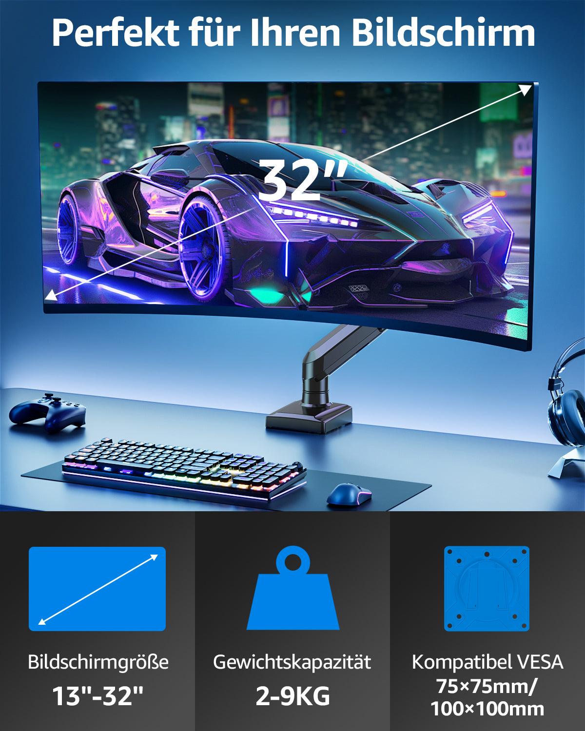 ELIVED Gaming Monitor Arm Halterung für 13-32" Bildschirme (2-9 kg)