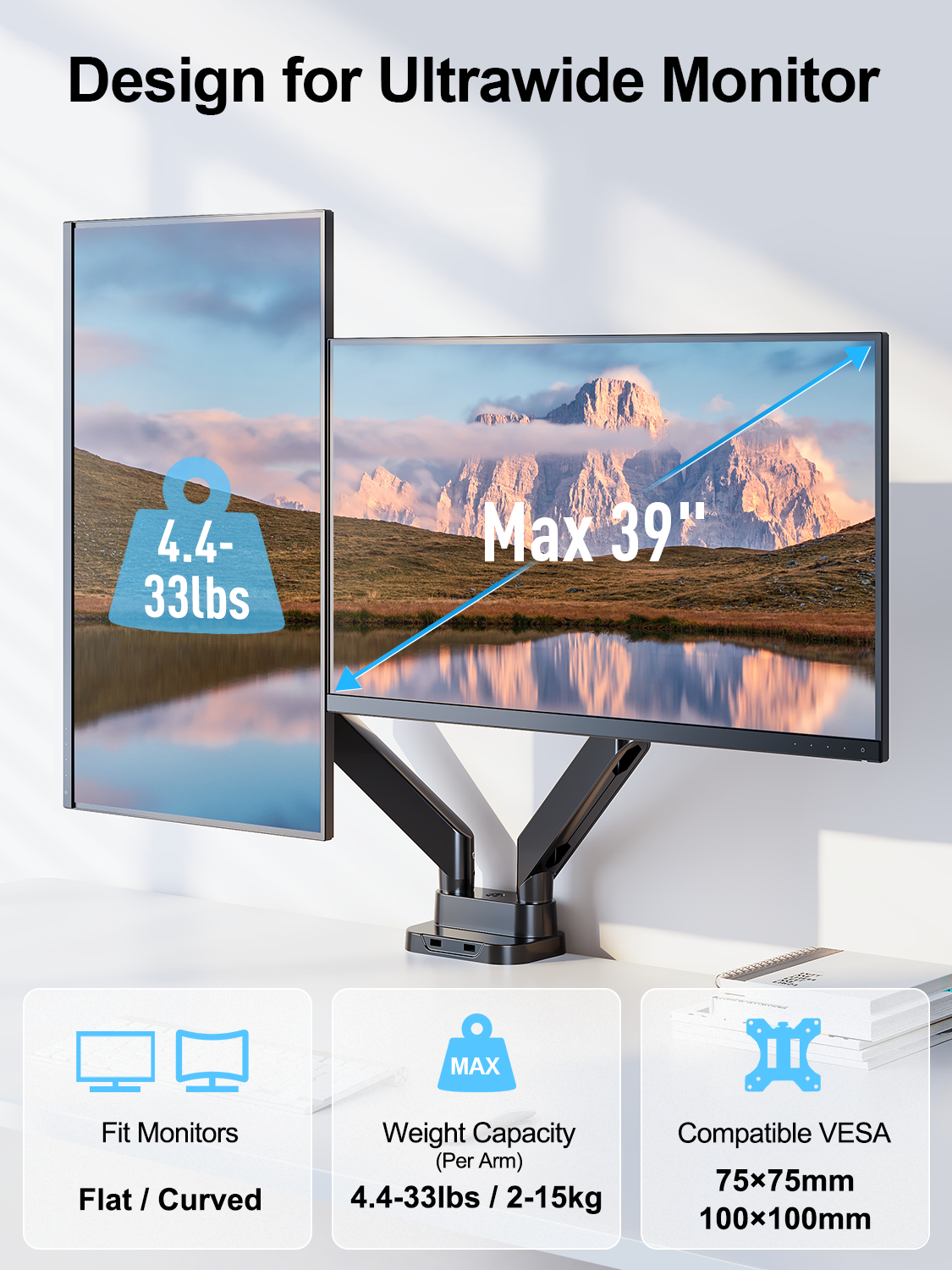 ErgoFocus Dual Monitor Mount Fits Max 39" Computer Screen, Hold 4.4-33 lbs Each Ultrawide Desk Mount, Adjustable Gas Spring Double Monitor Arm, Monitor Stand for 2 Monitors with USB, VESA