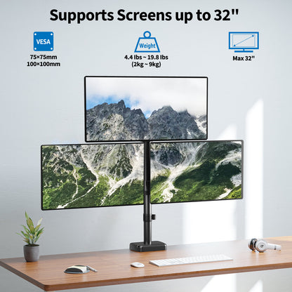 ErgoFocus Triple Monitor Mount Fits Max 32" Computer Screen, Holds up to 17.6lbs Each Arm, 3 Monitor Desk Mount, Triple Stand with Tilt Swivel Rotation, VESA Mount 75/100mm