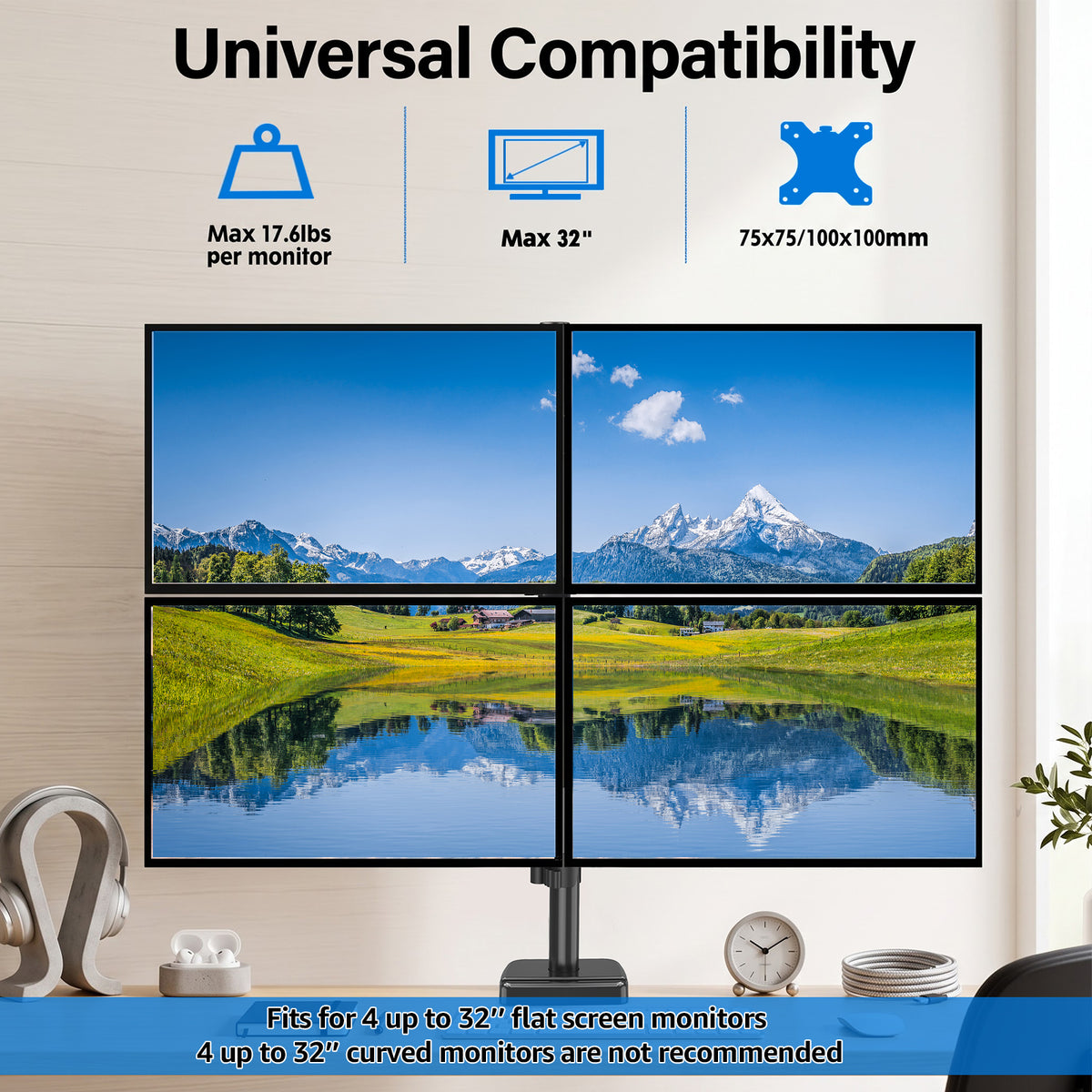 ErgoFocus 4 Monitor Mount for Max 32", Quad Monitor Arm for Desk Fully Adjustable Stacked 4 Desk Stand, 4 Heavy Duty Monitor Mount, Holds up to 17.6lbs per Arm, VESA Mount
