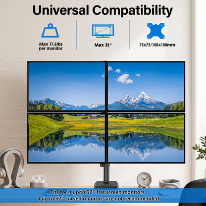 ErgoFocus 4 Monitor Mount for Max 32", Quad Monitor Arm for Desk Fully Adjustable Stacked 4 Desk Stand, 4 Heavy Duty Monitor Mount, Holds up to 17.6lbs per Arm, VESA Mount