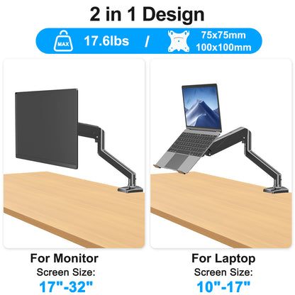 ErgoFocus  Laptop Stand Desk Mount, 2 in 1 Function, Single Monitor Mount  Fits Max 17" Notebook and 32" Computer Screen, Gas Spring Arm with Laptop Tray, Holds up to 17.6lbs