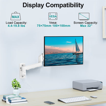 ErgoFocus  Monitor Wall Mount Fits 17-32 Inch Flat/Curved Computer Screens, Single Wall Arm Holds up to 19.8lbs, Height Adjustable Gas Spring Wall Stand Tilt, VESA Mount 75/100, White